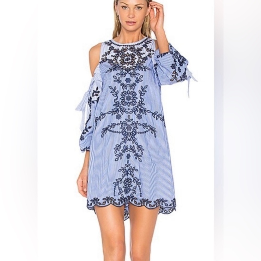Parker mini dress size Small blue white stripe embroidered off the shoulder